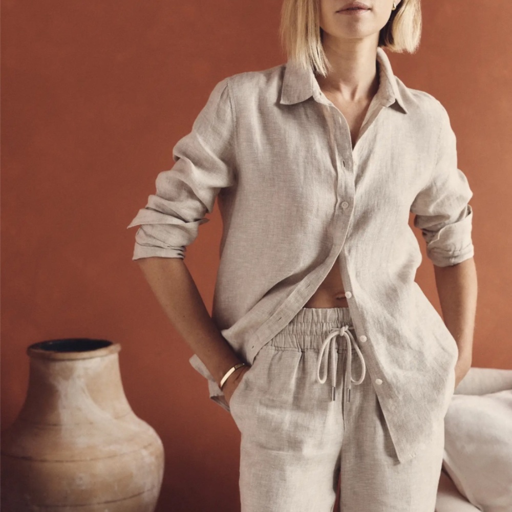 Quince Linen Button Down Shirt Womens Beige Minimalist Capsule Wardrobe   S